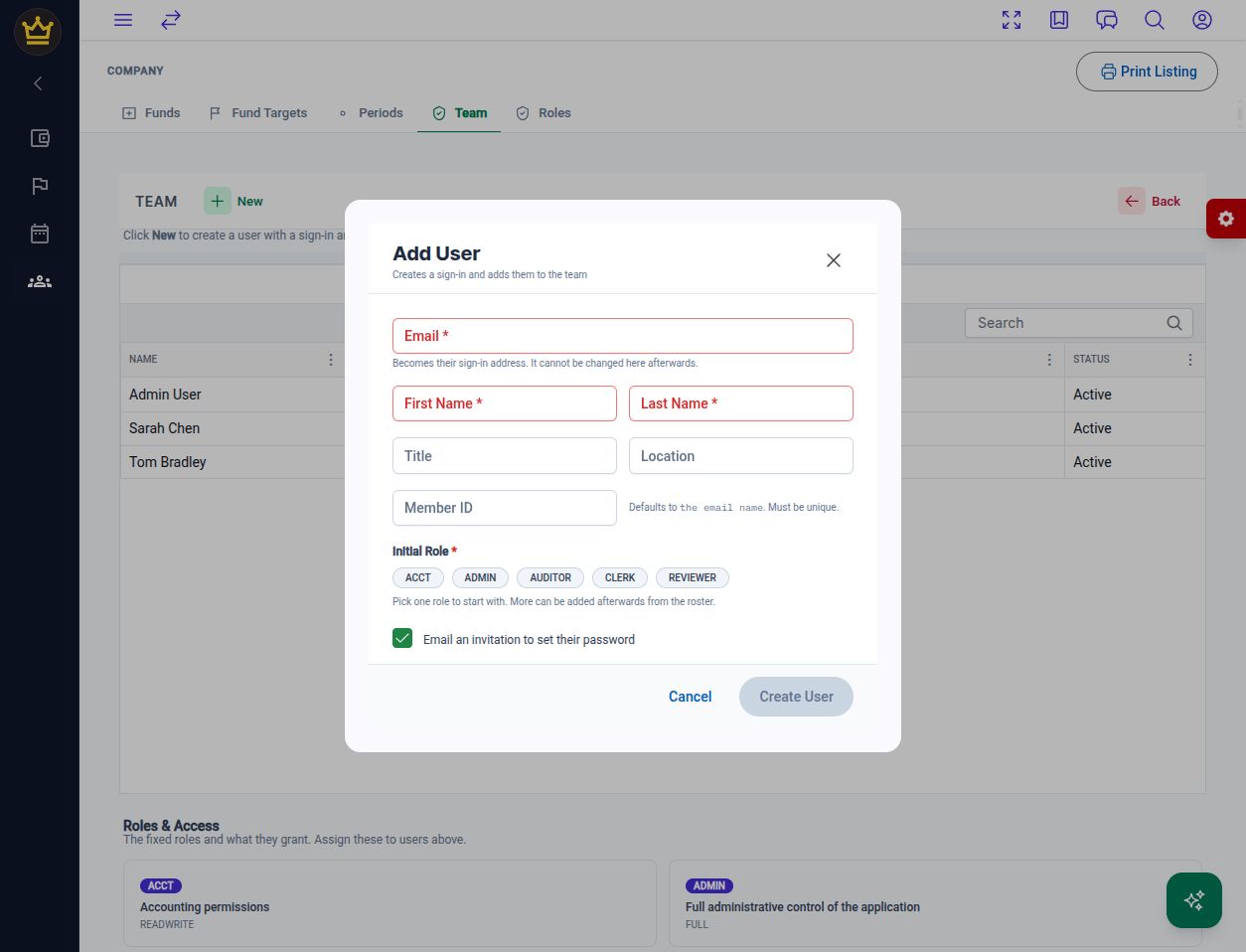 Empty Add User form with identity fields, Initial Role choices, invitation option, and Create User.